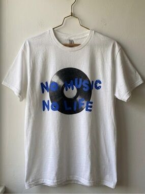 Gildan White T‑Shirt with Black Record & Blue "No Music No Life" Print | Unisex